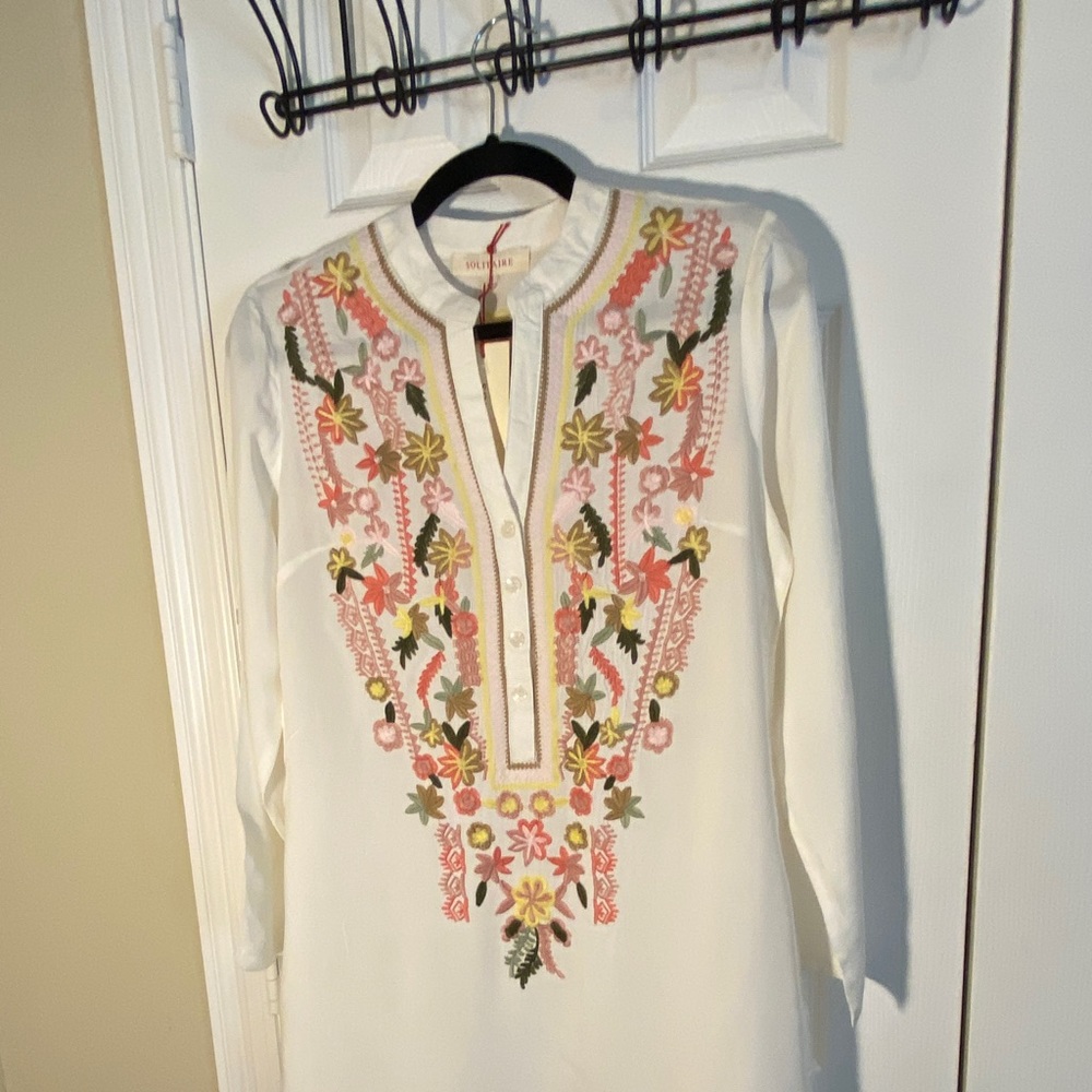 Solitaire Brand White Long Sleeve Embroidered Floral Dress~Size S
